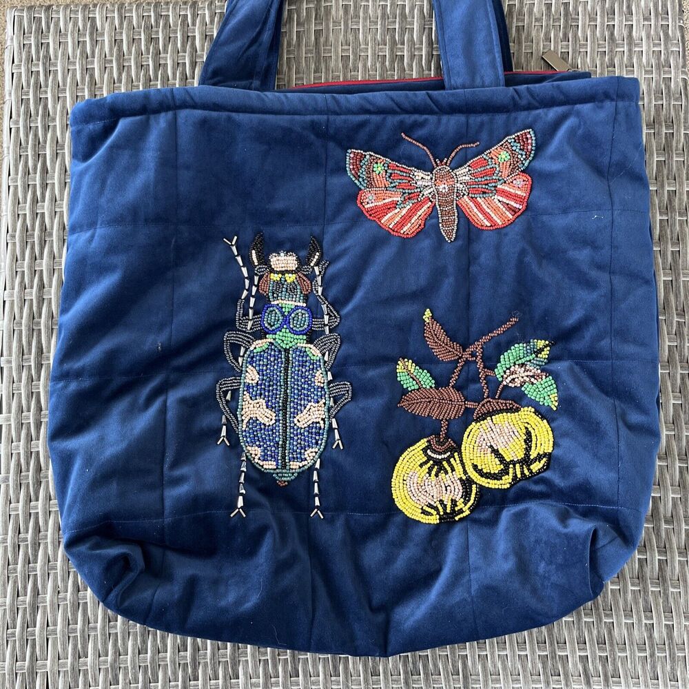 Beautiful NAV Blue Velvet Bead Embellishments Bag Library Sewing Tote